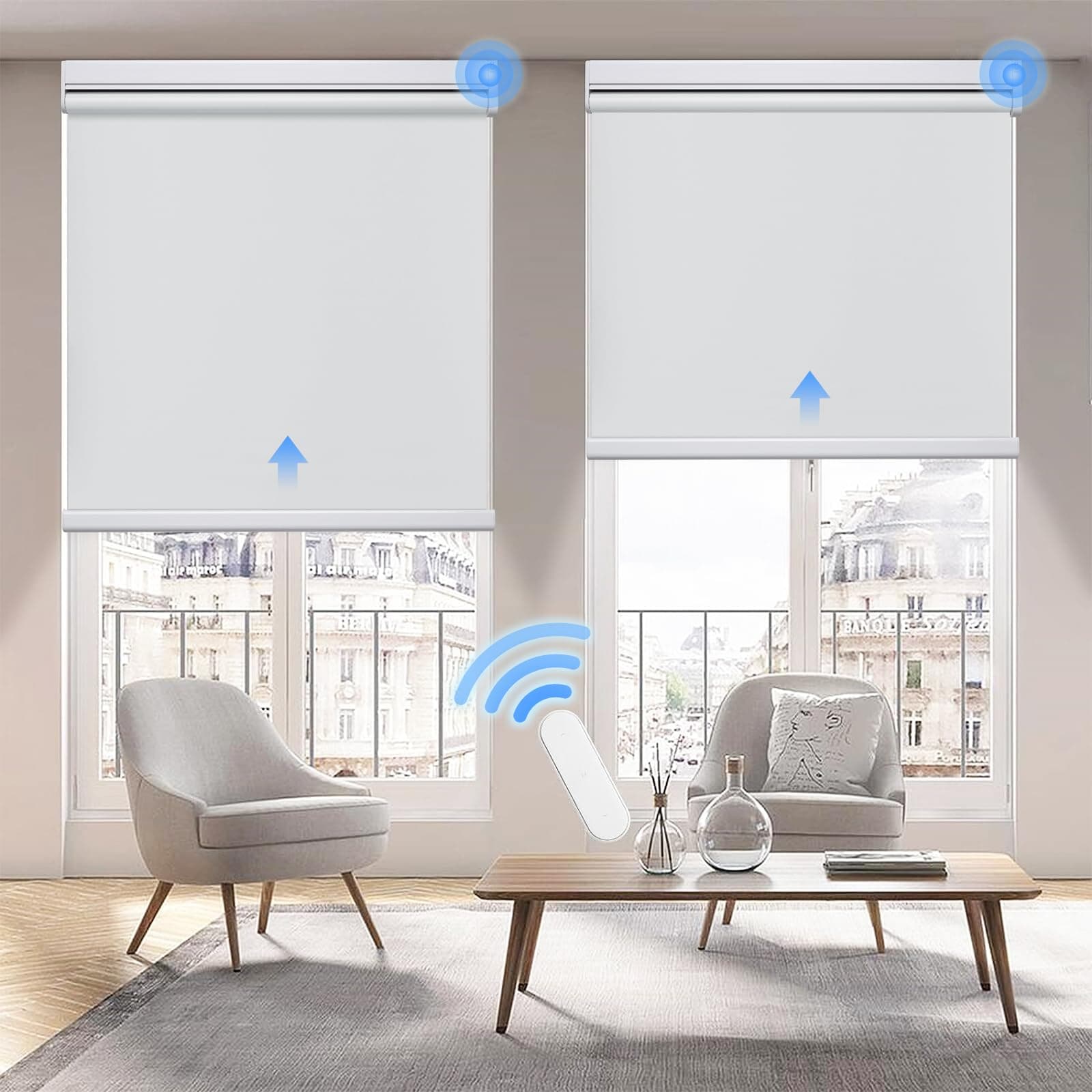 Grandekor Motorized Roller Shade with Remote Control,Motorized Blinds 100% Blackout Electric Shades, Cordless Window Blinds Shades for Bedroom Living Room Office,White,W23 xH72