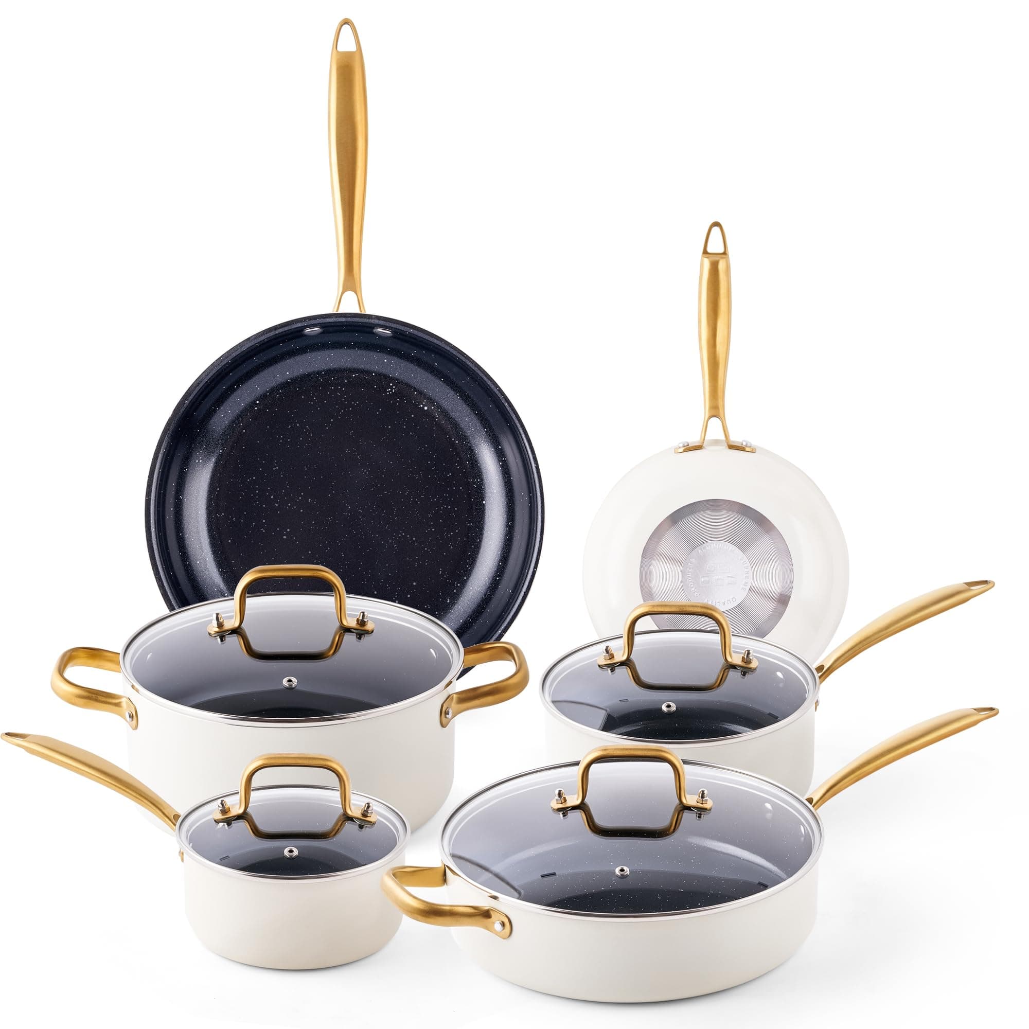 Ceramic Pots and Pans Set - 16PCS Kitchen Cookware Sets Nontsick Non Toxic Cookware Set With Dutch Oven, Frying Pan, Saucepan, Sauté Pan, Cooking Utensils Set, Gold Pots and Pans for Cooking Set Gifts