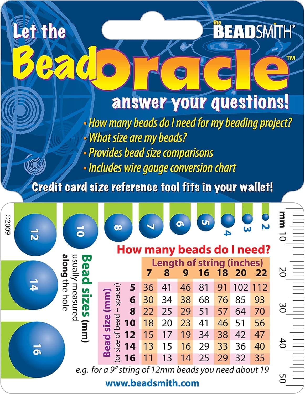 The Beadsmith Bead Oracle – Beader’s Reference Card – Wallet Sized – Resource to Determine Bead Sizes, Wire Gauge Conversion Chart, Measurement Comparisons & Project Quantities