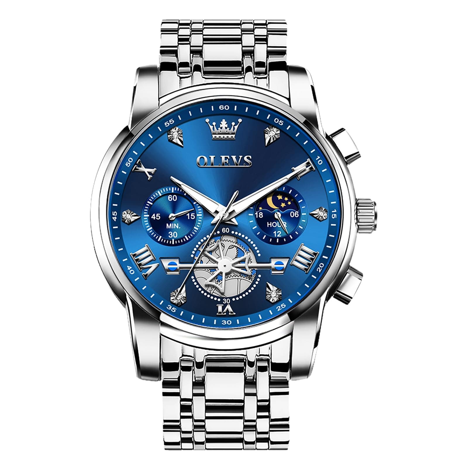 - Men's Stainless Steel Chronograph Watch, Large Face Easy to Read Roman Numerals Diamond Accented Analog Dress Watches for Men, Elegant Waterproof Luminous Male Quartz Wristwatch