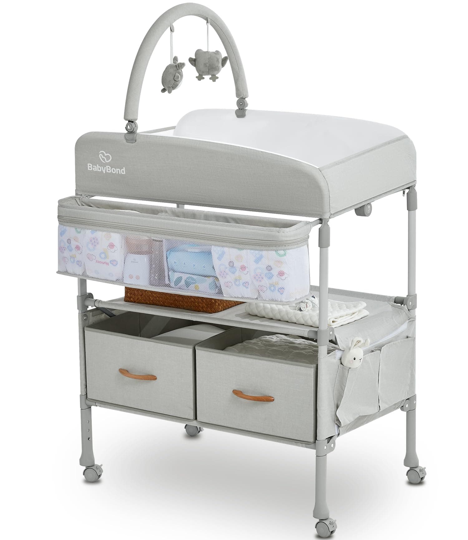 Portable Baby Changing Table with 2 Storage Baskets, Foldable Changing Table Dresser Diaper Changing Table Height Adjustable Changing Station for Infant and Newborn(Beige)
