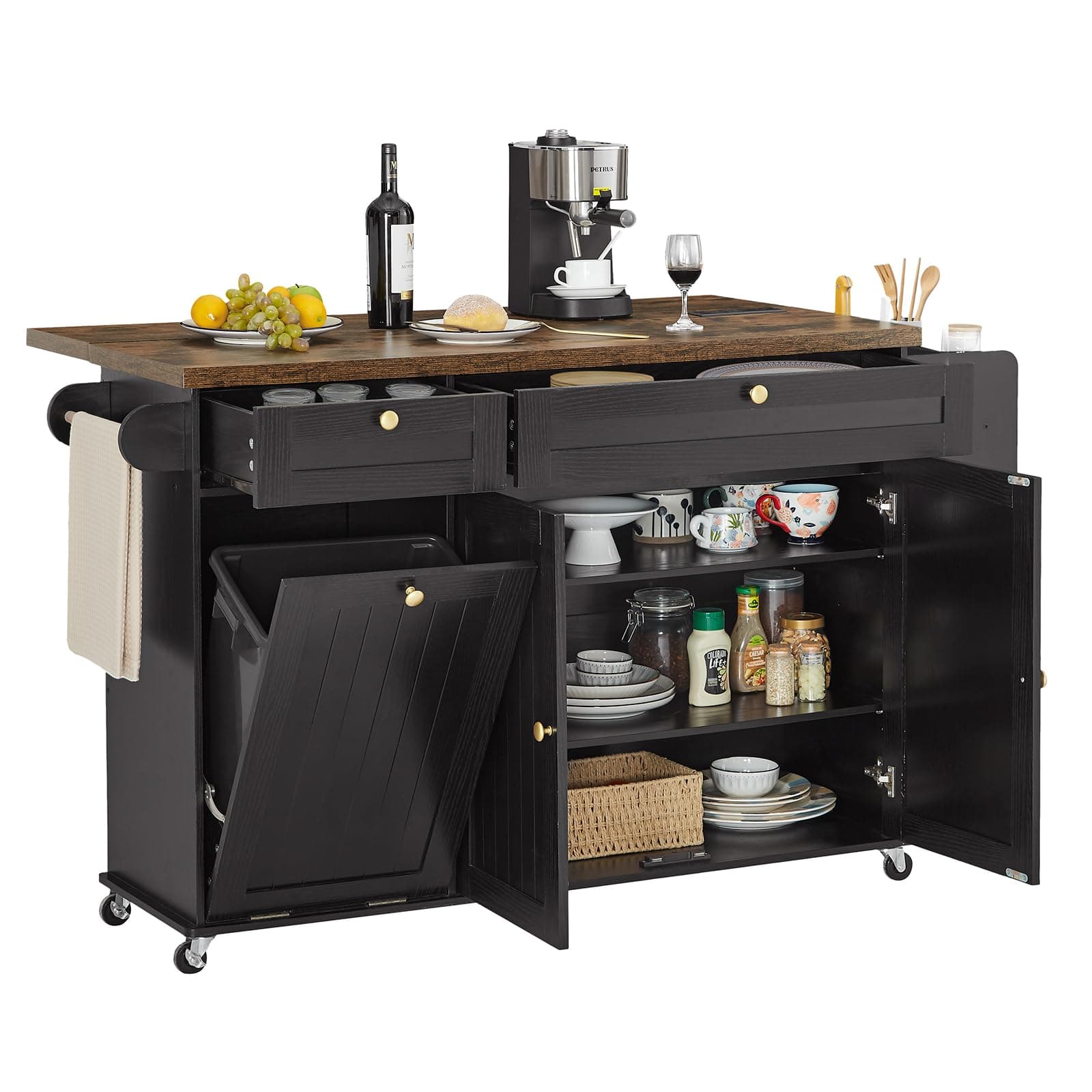 60" Kitchen Island with Power Outlet & Drop Leaf, Kitchen Rolling Island with Spice Rack & Towel Rack, Knife Holder, Kitchen Island Cart with Trash Storage Cabinet, Mobile Island Table for Kitchen