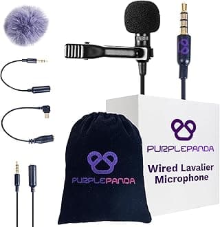 Purple Panda Lavalier Microphone Kit – Clip-On Lapel Mic for Motovlog, Creators & Vlogging – GoPro, DJI & Insta360 Action Cameras, iPhone, Android, iPad, DSLR, Zoom/Tascam, PS5 – Omnidirectional