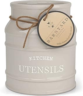 Barnyard Designs Ceramic Utensil Crock Holder for Kitchen Counter, Rustic Farmhouse Countertop Decor, French Country Organizer for Cooking Utensils, Spatulas and Mixing Spoons, Taupe, 6ââ‚¬Â x 6.75"