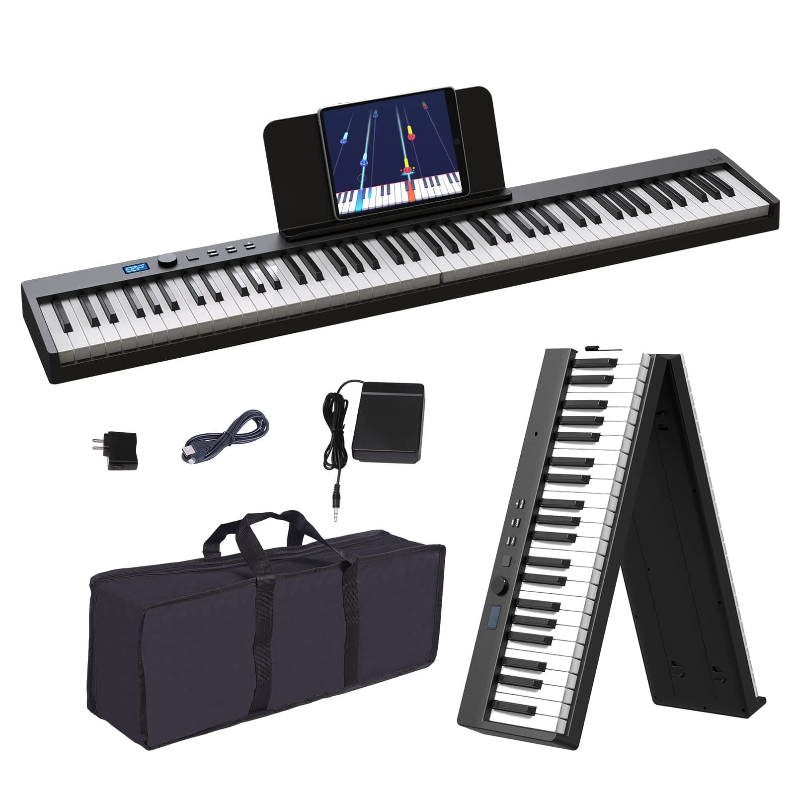 Foldable Piano Keyboard, 88 Key Full Size Semi Weighted Folding Piano Keyboard, Bluetooth Portable Electronic Keyboard Piano with Sheet Music Stand, Sustain Pedal and Piano Bag, Black
