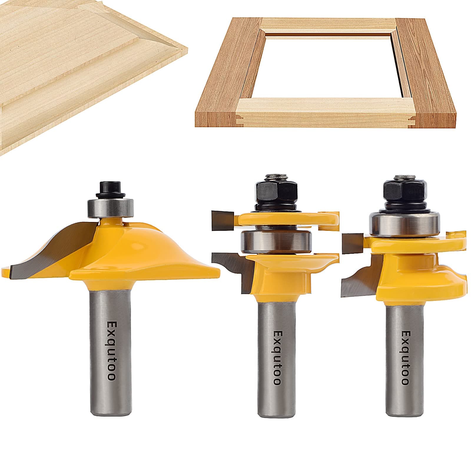 Exqutoo 3PCS 1/2" Shank Router Bit Set, Raised Panel Cabinet Door Making Router Bits, Cemented Carbide Router Bits, Woodworking Tools Router Door & Window Bits (Tenon Joint Cutter Diameter: 1-5/8")