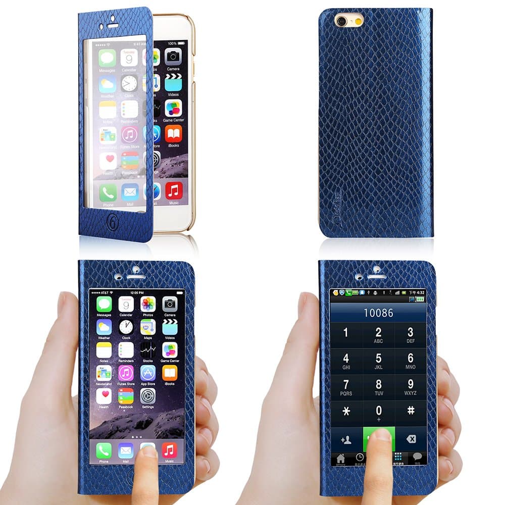 View Window Luxury Ultra Thin Flip Folio PU Leather Smart Case Cover Wallet Stand with Intergated Tempered Glass Protector Full Screen Touch Feature for Apple iPhone 6 Plus 5.5" - Navy Blue