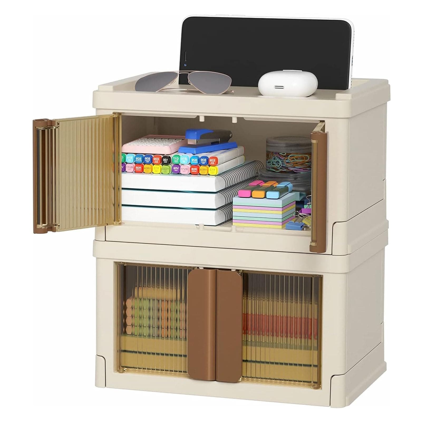 Small Office Organization and Storage Desk, 2 Pack Desk Organizer Plastic Containers with Lid, Foldable Storage Baskets for Organizing Cubby Storage Bins, for Makeup Supplies Coffee Snacks Medicine