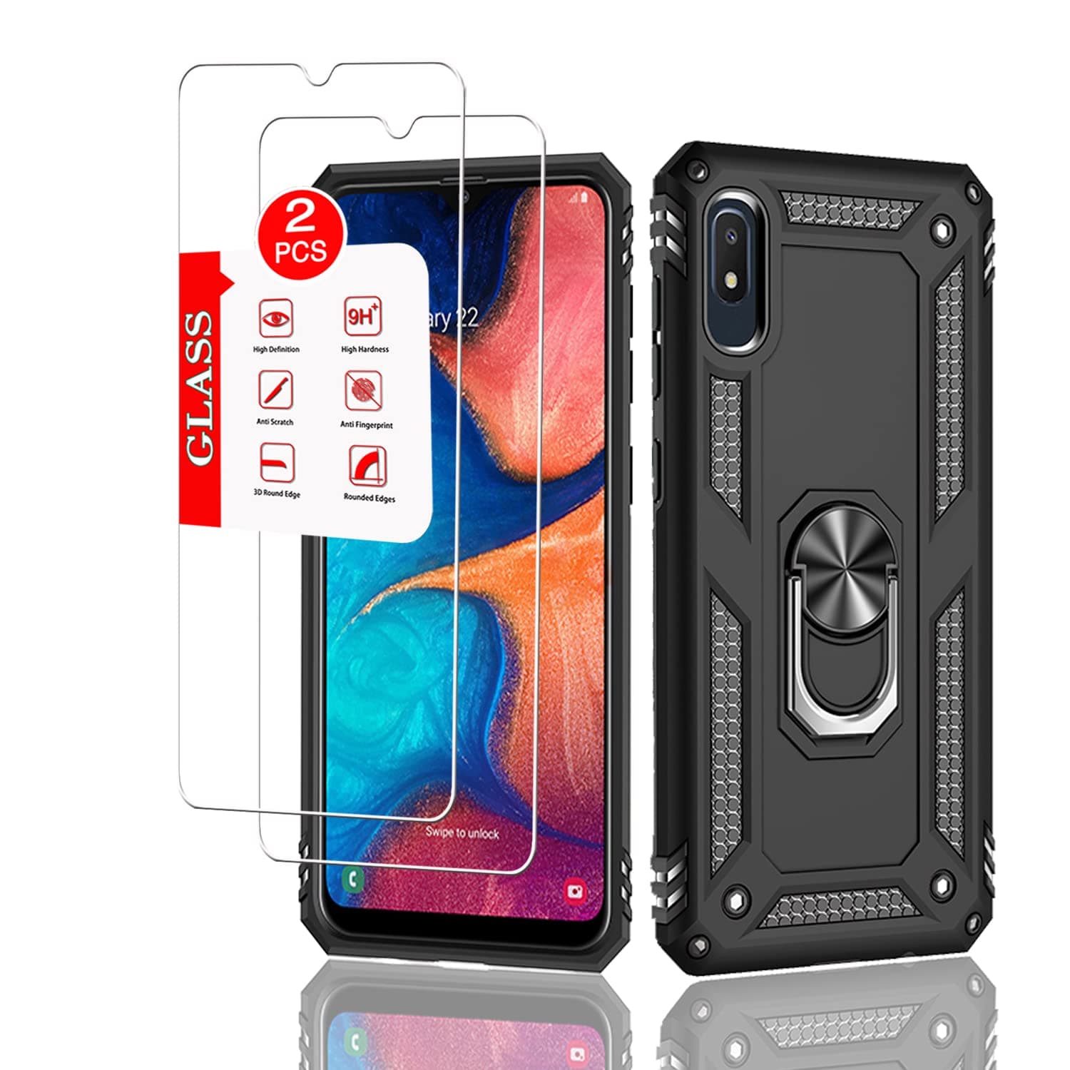 for Samsung Galaxy A10E Case with [2 Pack] Tempered Glass Screen Protector, for Galaxy A10e Heavy Duty Armor [Military-Grade] Protective，with Magnetic Kickstand Car Mount Holder Phone Case