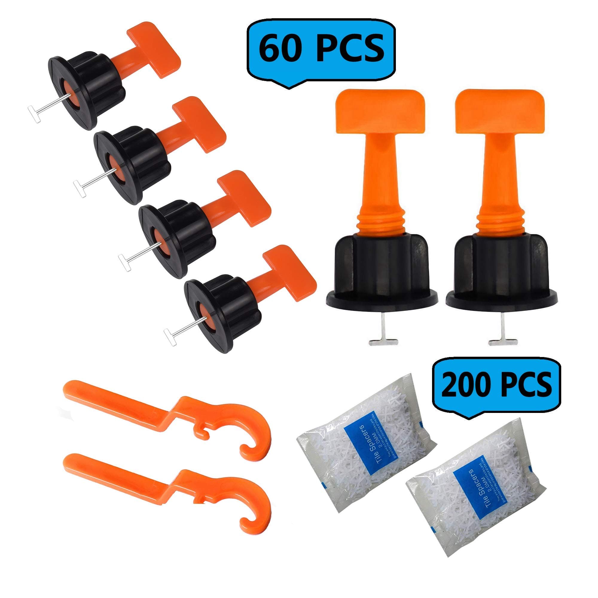 Tile Leveling System 60 pcs Tiles Leveler Spacers With 2 Special Wrenches and 200 PCS 2MM Tile Spacer,Reusable Spacer Flooring Level Tile levellers Set System Construction (60PCS)