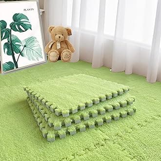 16pcs 0.6" Thickened Interlocking Tile Mats,Fluffy Shaggy Soft EVA Foam Area Rug for Living Room & Bedroom,Non-Slip Protective Floor Carpet Play Mat Kids Baby Dorm Home Decor (11.8ft, Green)