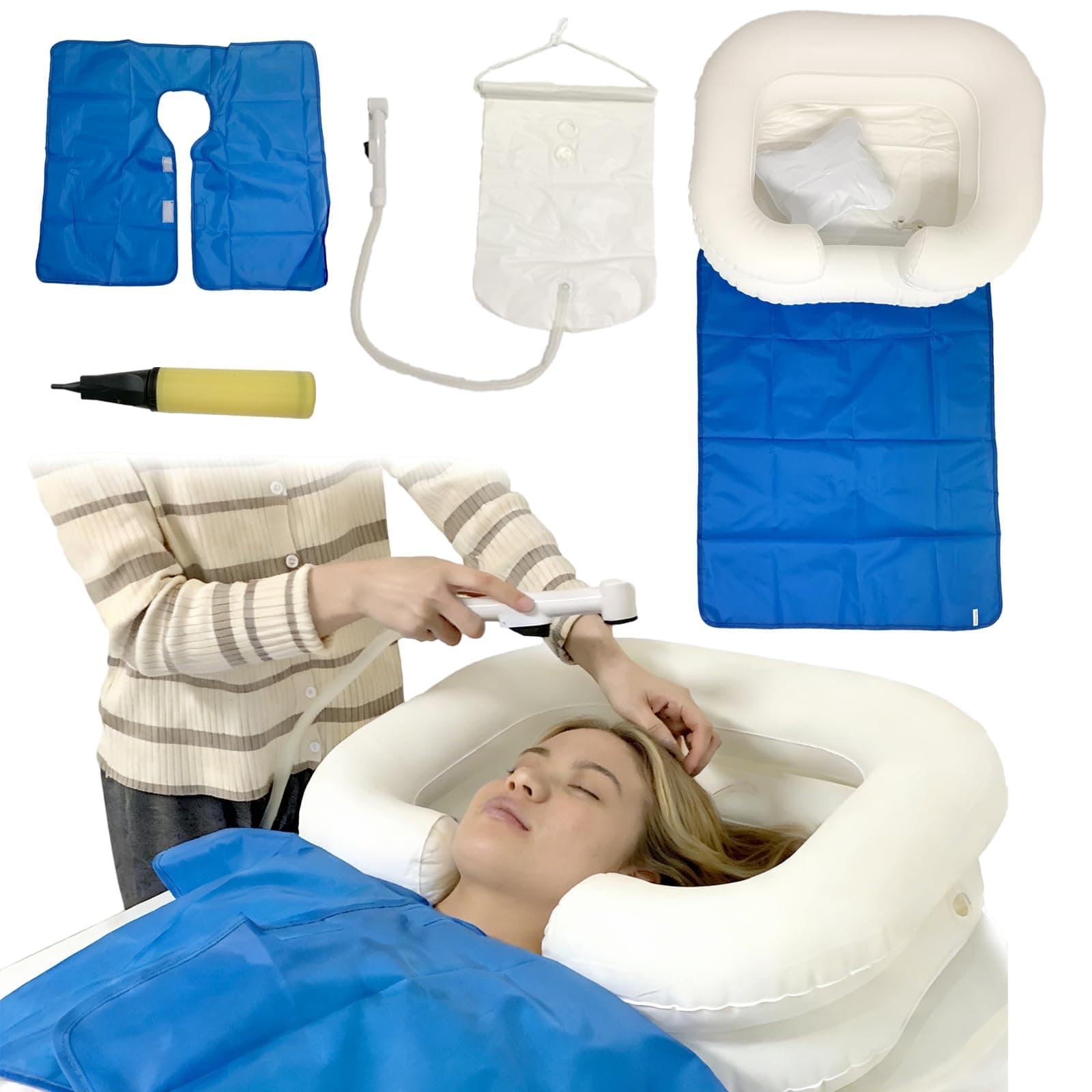 Bedside Shower System, Overhead Shower with Water Bag 2.1 Gallons, Inflatable Shampoo Basin Kit for Disabled and Elderly Bed Easy & Safe Bathing & Shampooing (Set of 6)