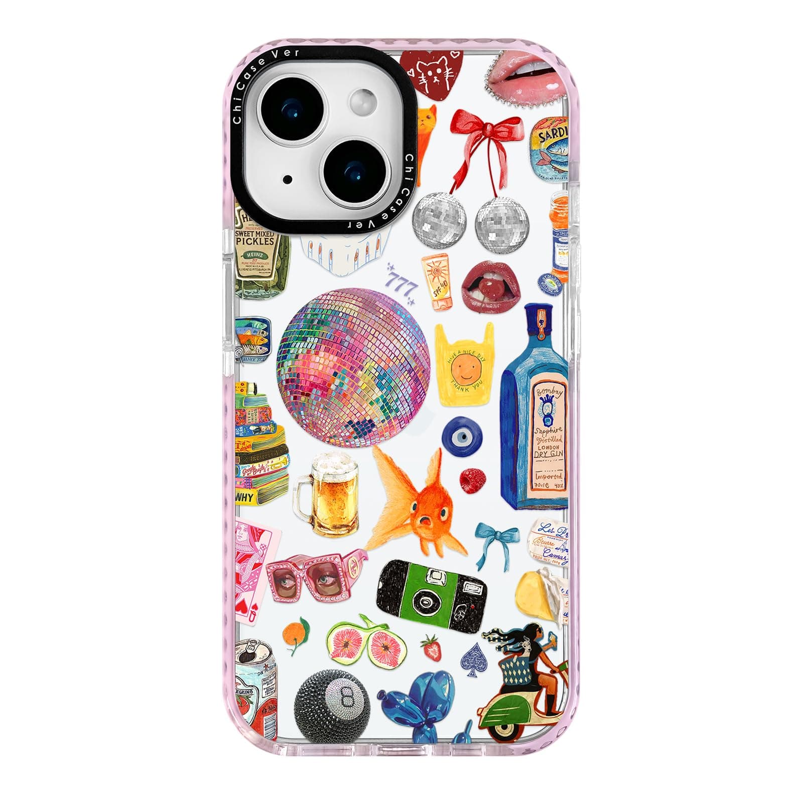 for iPhone 15 Case, Retro Party Collage Pattern with Disco & Gin, Military-Grade Drop Protection, Pop Art Disco Soft Slim TPU Protective Cover with Camera Protection for Girls