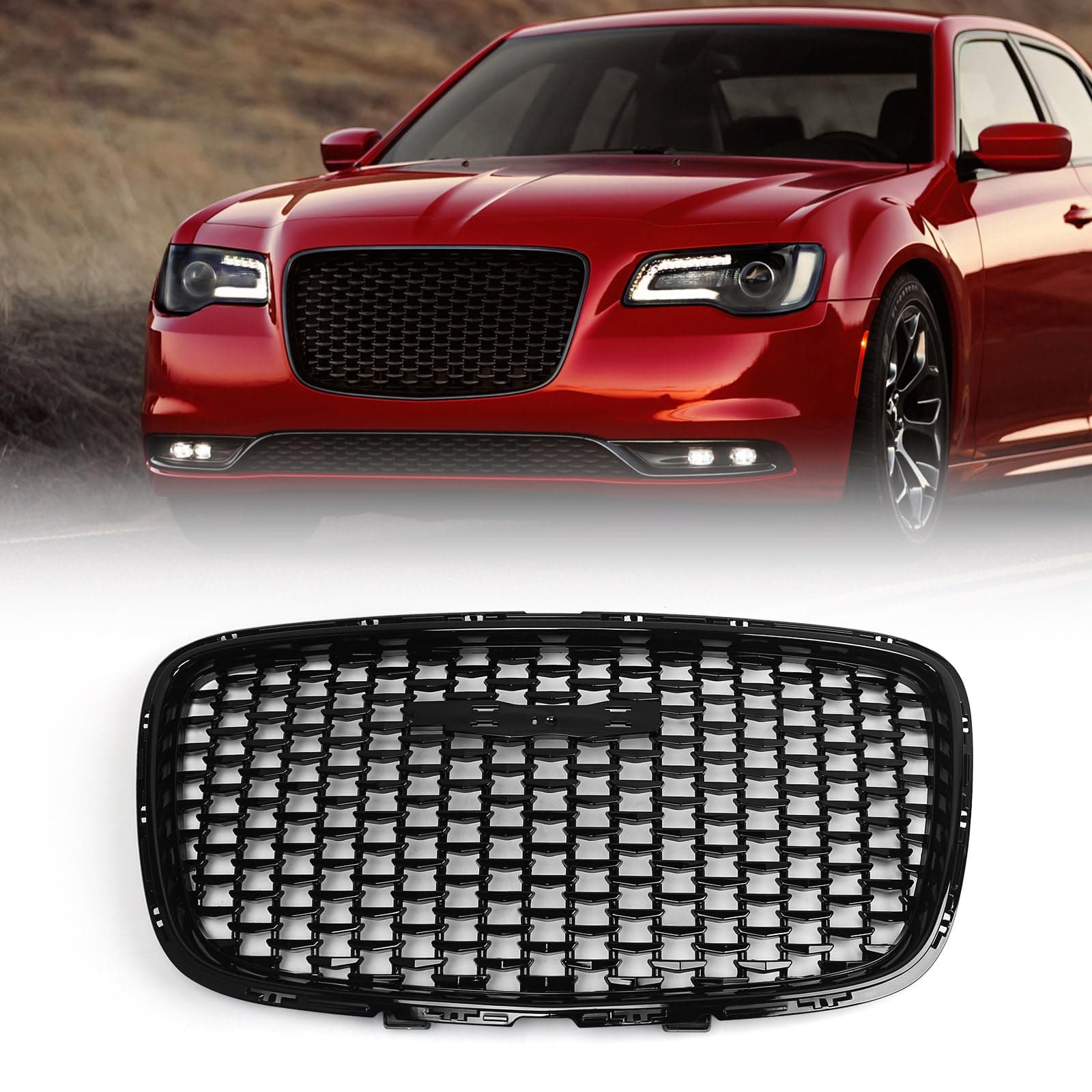Front Grille Assembly Compatible with Chrysler 300C SRT 2015 2016 2017 2018 2019 2020 2021 2022 Replacement Front Bumper Grill 5SW18DX8AD CH1200393