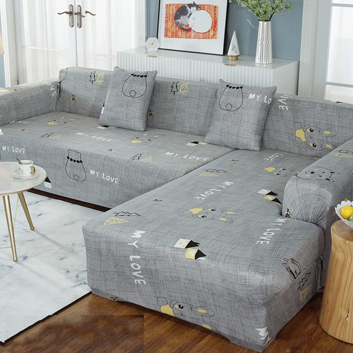 2 pcs Sectional Couch Covers, Printed L-Shaped , Stretch Couch Slipcovers for Sectional Sofa,Suitable for combined chaise longue cover (Pattern DWY, 3 seat+ 4 seat )