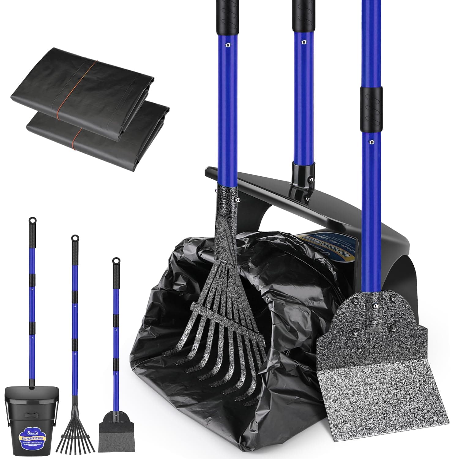 Dog Pooper Scooper - 95cm Long Handle Adjustable Swivel Bin & Rake & Spade Kit with 20 Waste Bags - Portable Dog Pooper Scooper for Large Medium Small Pet Cat Dog Outdoor Yard Grass Gravel Lawn
