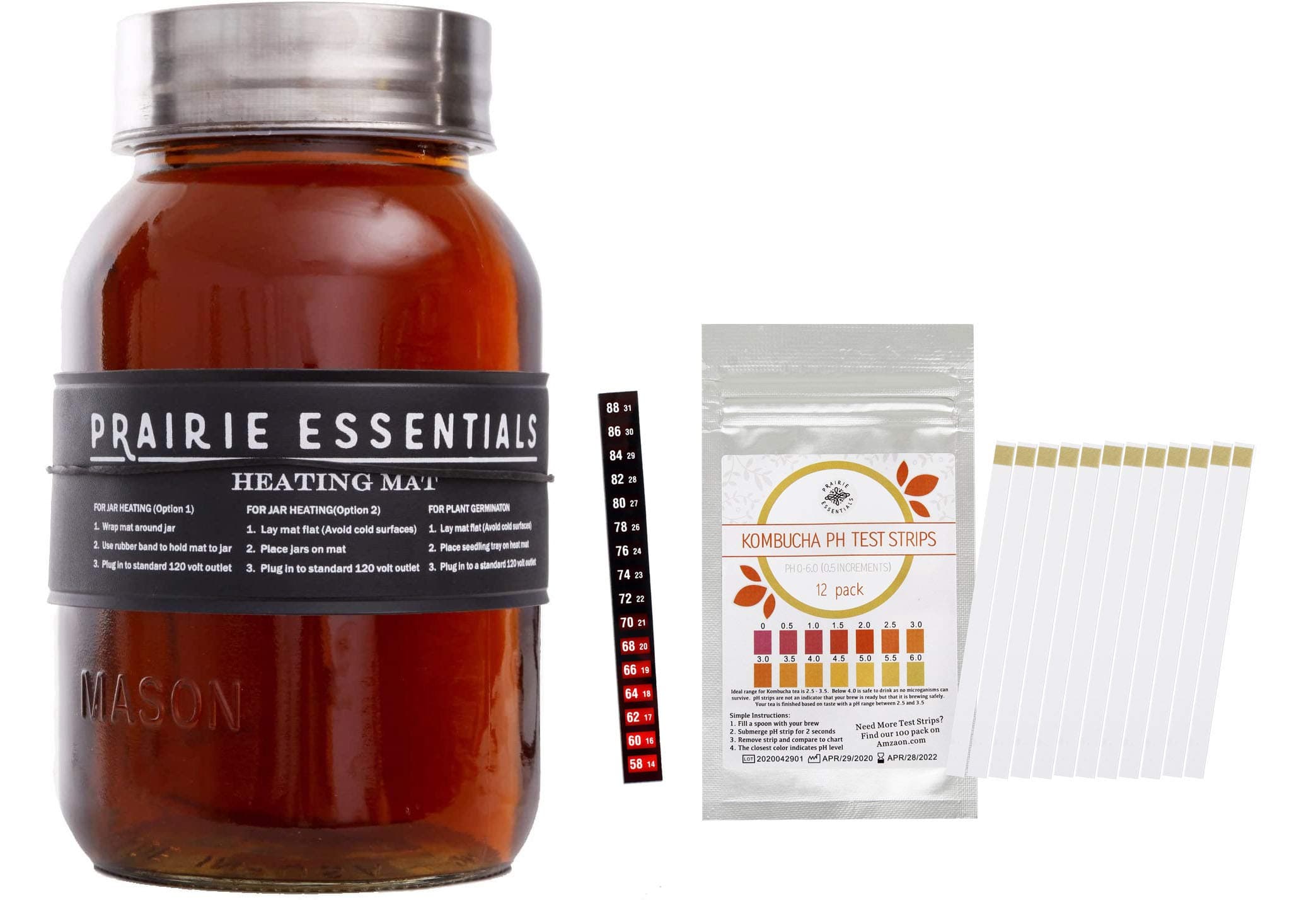 Prairie Essentials 3" x 20" Strip Wrap Around Heating Pad Warming Heat Mat & Thermometer and pH Test Strips for Kombucha Tea & Beer Brewing, Fermentation, Seedlings & Plant Germination