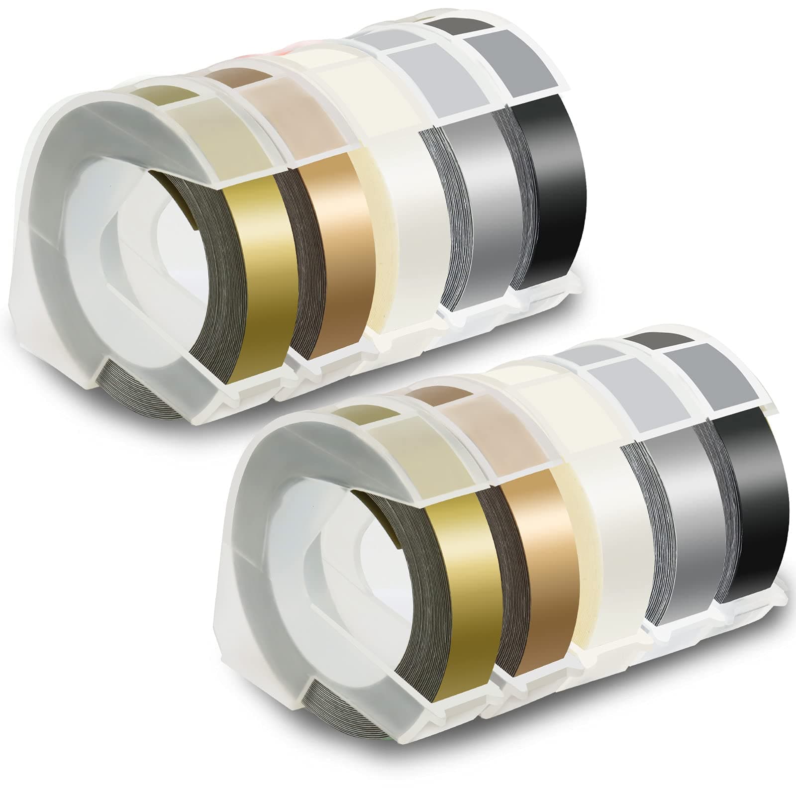 Pristar 3D Embossing Tape 9mm Self-Adhesive Compatible for Dymo Embossing Label Maker Omega DYM12966 Organizer Xpress Pro, White on Black/Silver/Clear/Gold/Champagne Gold, 3/8 in x 9.8 ft, 10-Pack
