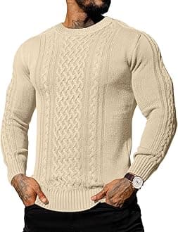 Askdeer Men's Pullover Sweater Fisherman Cable Knit Crewneck Sweater Winter Casual Knitted Sweaters with Ribbing Edge