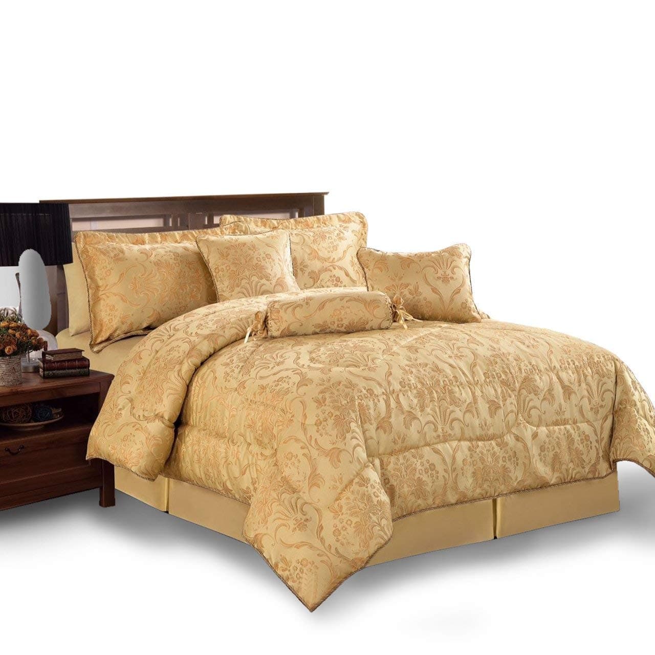 Sunrise Bedding Bedspread Set- 7 Piece Comforter Set- Jacquard Fabric Bedding Set Double, King All Season Bed Throw 220 GSM Matching Pillows, Cushions ,Neck Roll and Valance Sheet (Gold, King (255 x 225))