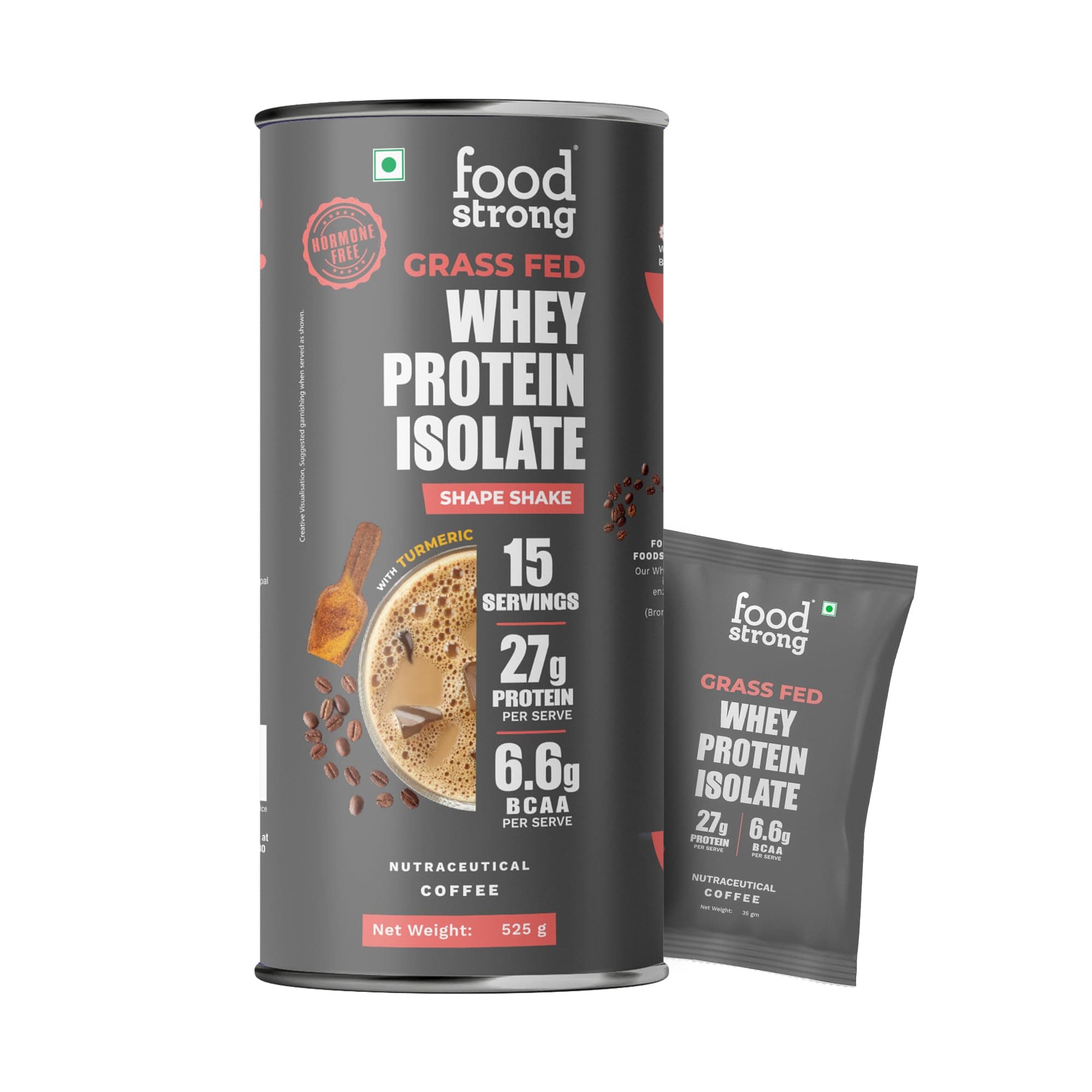 Whey Protein Isolate, 100% Hormone Free Grass-Fed Whey, 27G Protein & 6.6G BCAA, Coffee, With Turmeric & Digestive Enzymes, 15 Sachets, 525G