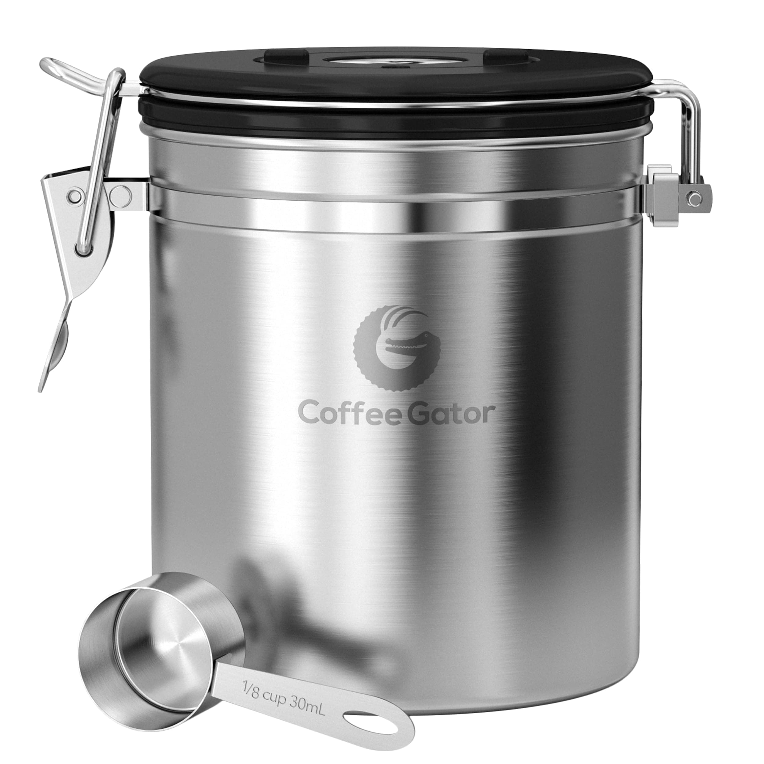 Coffee Gator Stainless Steel Container, Beans and Grounds Storage, Canister with Date Tracker, CO2-Release Valve and Measuring Scoop - Medium, 16 oz, Silver