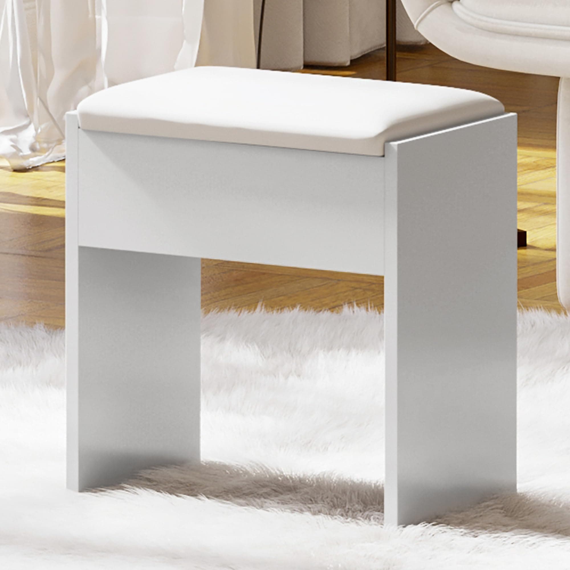 Dressing Table Stool, Upholstered Padded Vanity Chair Piano Stool with Non-Slip Foot Pads for Dressing Room, Bedroom, Entryway, White