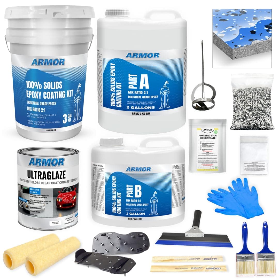 ArmorPoxy Garage Epoxy Floor Kit – 100% Solids - 2 Part Industrial-Grade Coating w/UltraGlaze Topcoat | DIY Slip & Hot Tire Resistant | 600 Sq Ft - Racing Blue - 17 pc kit