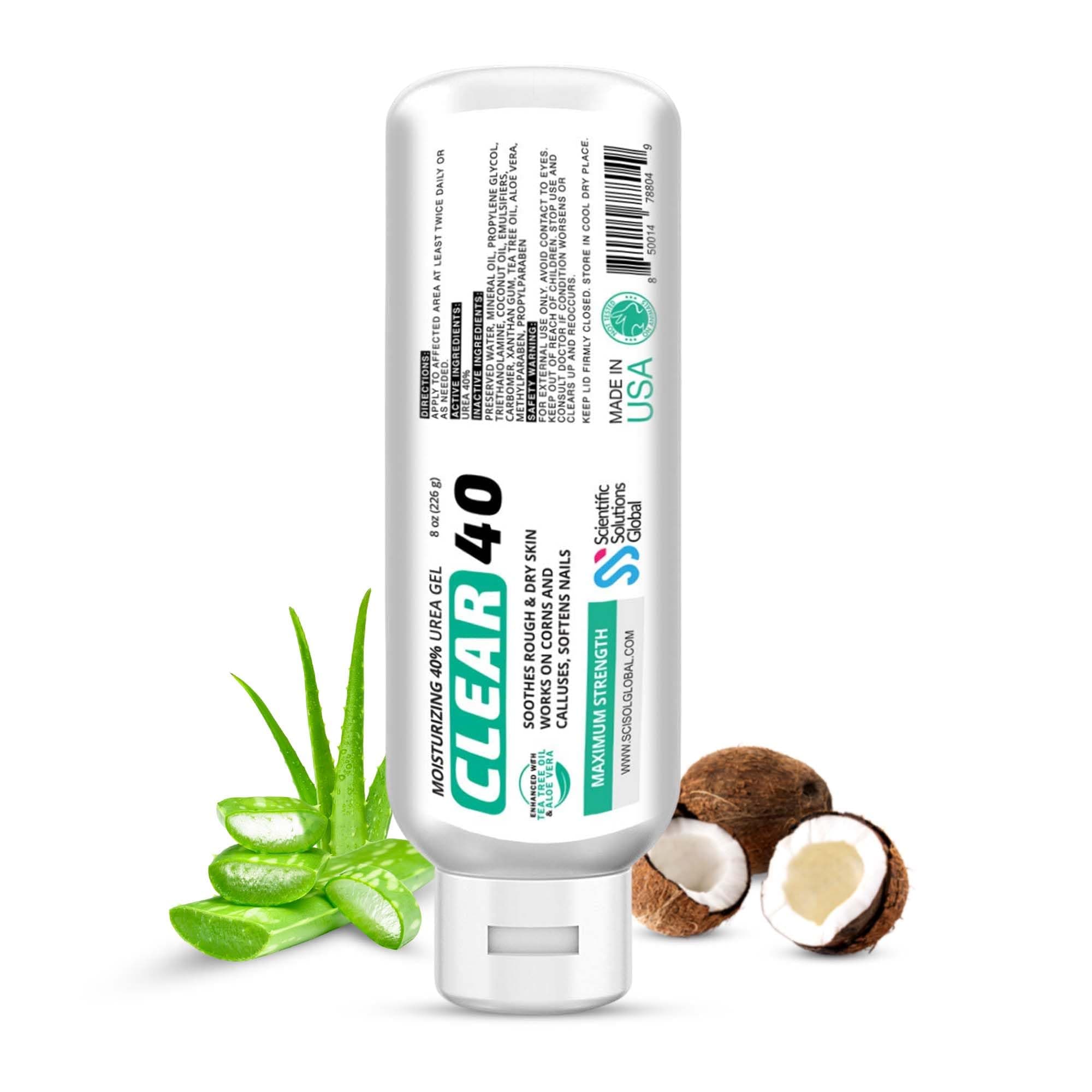 CLEAR 40 Urea Gel 40% (8 oz) with Tea Tree & Coconut Oil, Aloe Vera – Intensive Moisturizing & Exfoliating Gel for Dry Rough Skin, Feet, Heels, Elbows, Hands & Nails – Superior Hydration