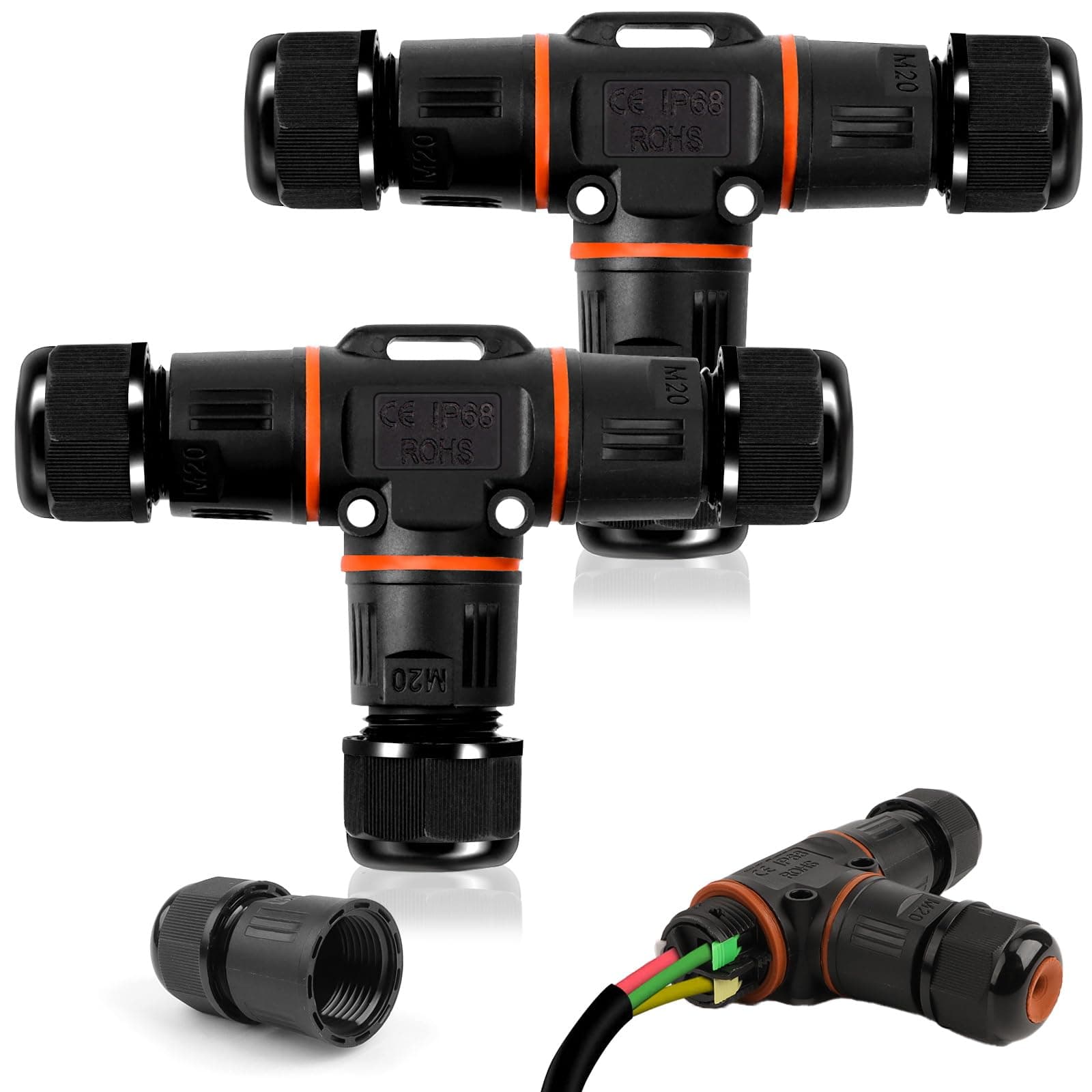 ATPWONZ IP68 Waterproof Junction Box,2PCS 3 way Wire Connectors External Junction Box With Hole Waterproof Connector for Cable Diameter Ø 3mm-12mm, M20 T hole connector