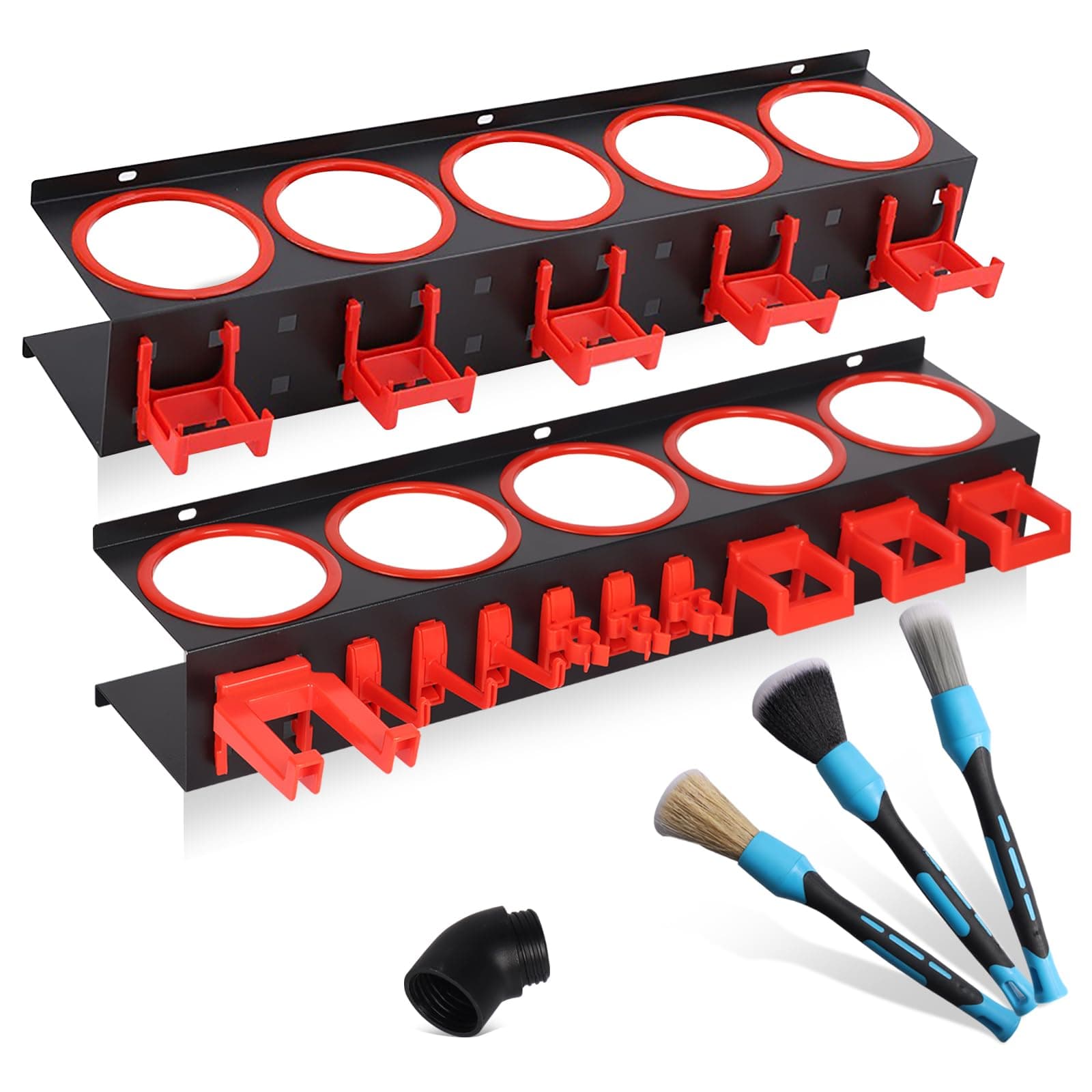 YTDTKJ Spray Bottle Holder, 2 Pack Spray Bottle Storage Rack Wall-Mounted with Plastic Hanging Hooks and Cleaning Brush Tools, Abrasive Material Hanging Rail Car Beauty Shop Accessory