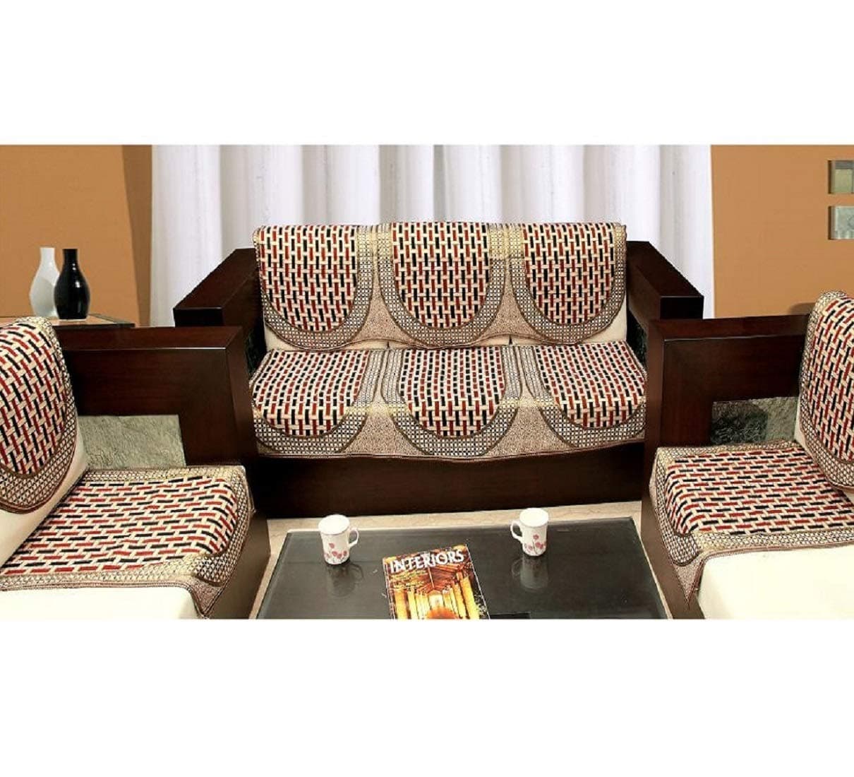 Global Home Brand New Polyester Blend Sofa Covers Set of 5 And Chair Cover Set - (Maroon Gold)