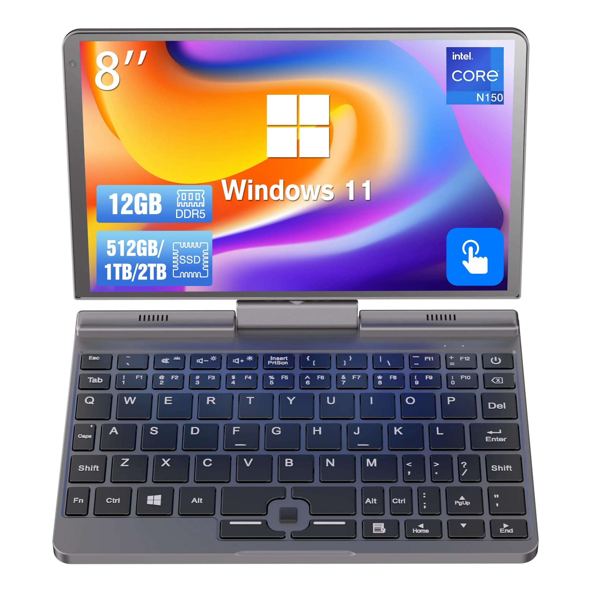 Mini Laptop 8 inch N150 Touchscreen Notebook Tablet 2 in 1 Handheld Computer Portable Small Pocket PC Win-11 Pro, 12GB RAM 512GB SSD, Gigabit/Wi-Fi 6/BT5.2/2MP Camera/G-Sensor/HDMI/PD 30W Charging