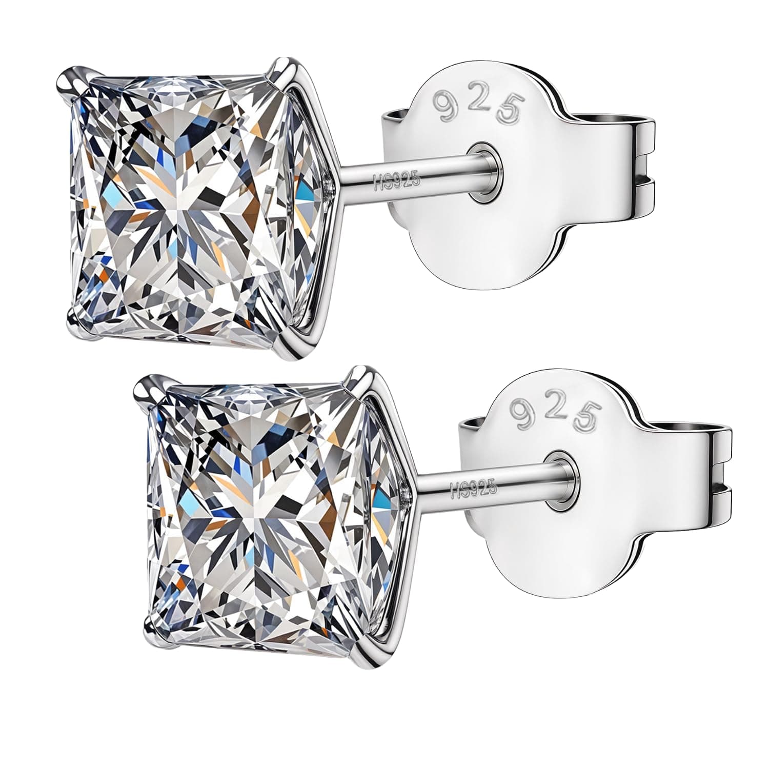 925 Silver Square Solitaire Stud Earrings | 92.5 Sterling Silver & Square Brilliant Cubic Zirconia Tops for Men Women Boys & Girls