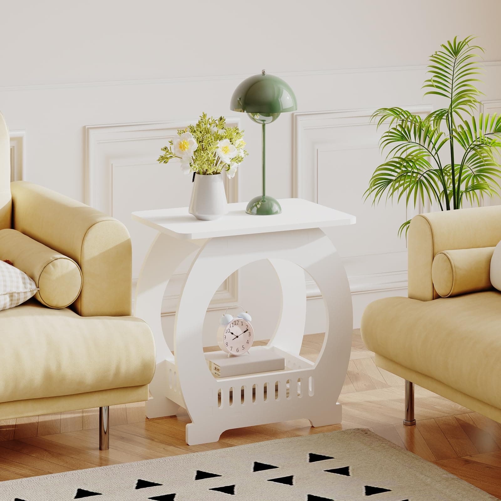 Dripex 2-Tier Side End Table with Storage Shelf Basket, White Small Bedside Table, Slim Arch Narrow Nightstand Small Spaces for Living Room, Bedroom, Bathroom, Balcony