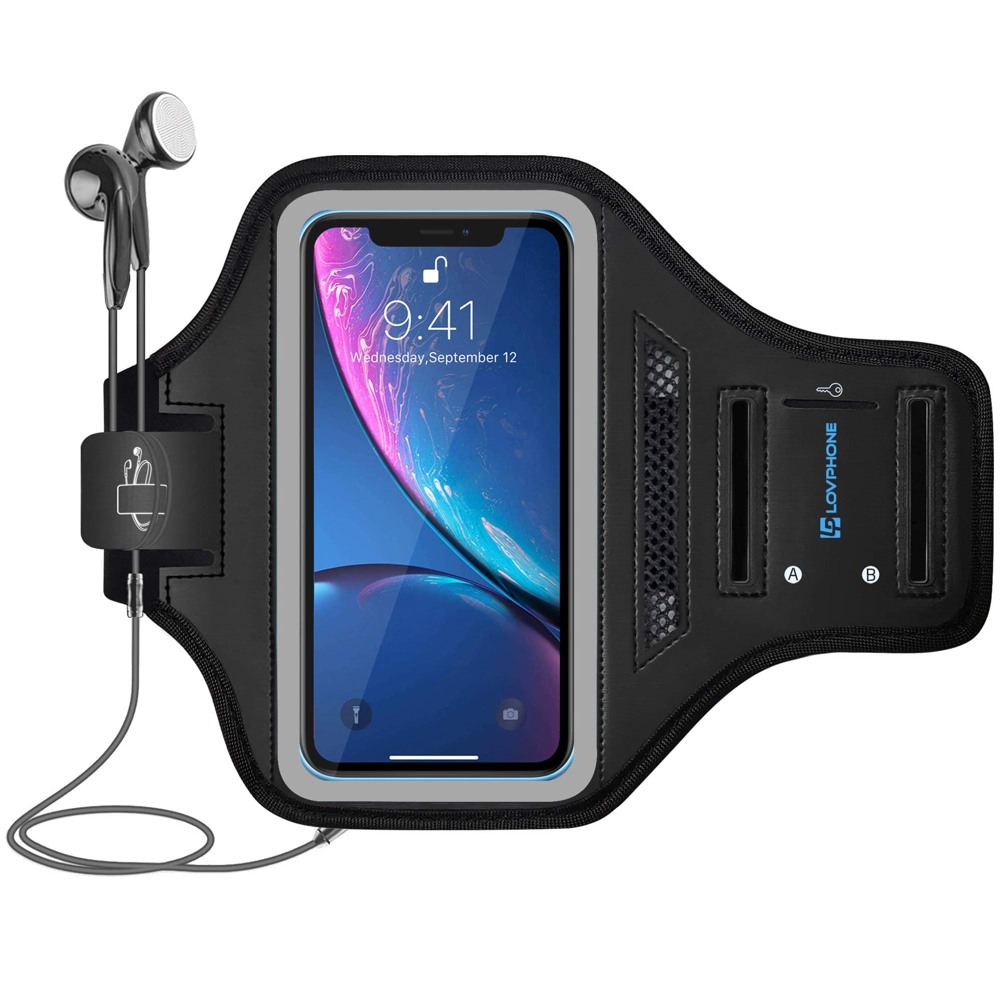 LOVPHONE iPhone 14 Pro/14/13 Pro/13/12 Pro/12/11 Pro/11/XR Armband, Sweat-Proof Sport Running Exercise Gym Case with Key Holder, Card Slot (Gray)