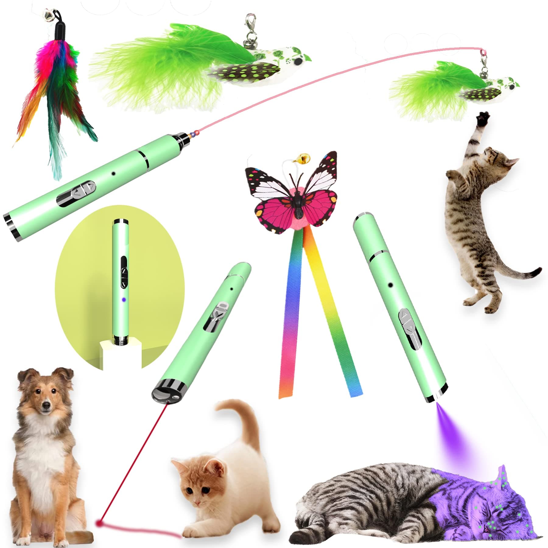 5 in 1 Cat Toys Interactive, 30'' Flexible Cat Teaser Wand Feather Refills Bell, Rechargeable USB Kitten Fishing Pole Wire for Indoor, Cat Laser Toy with Spring String Exercise Play Chase