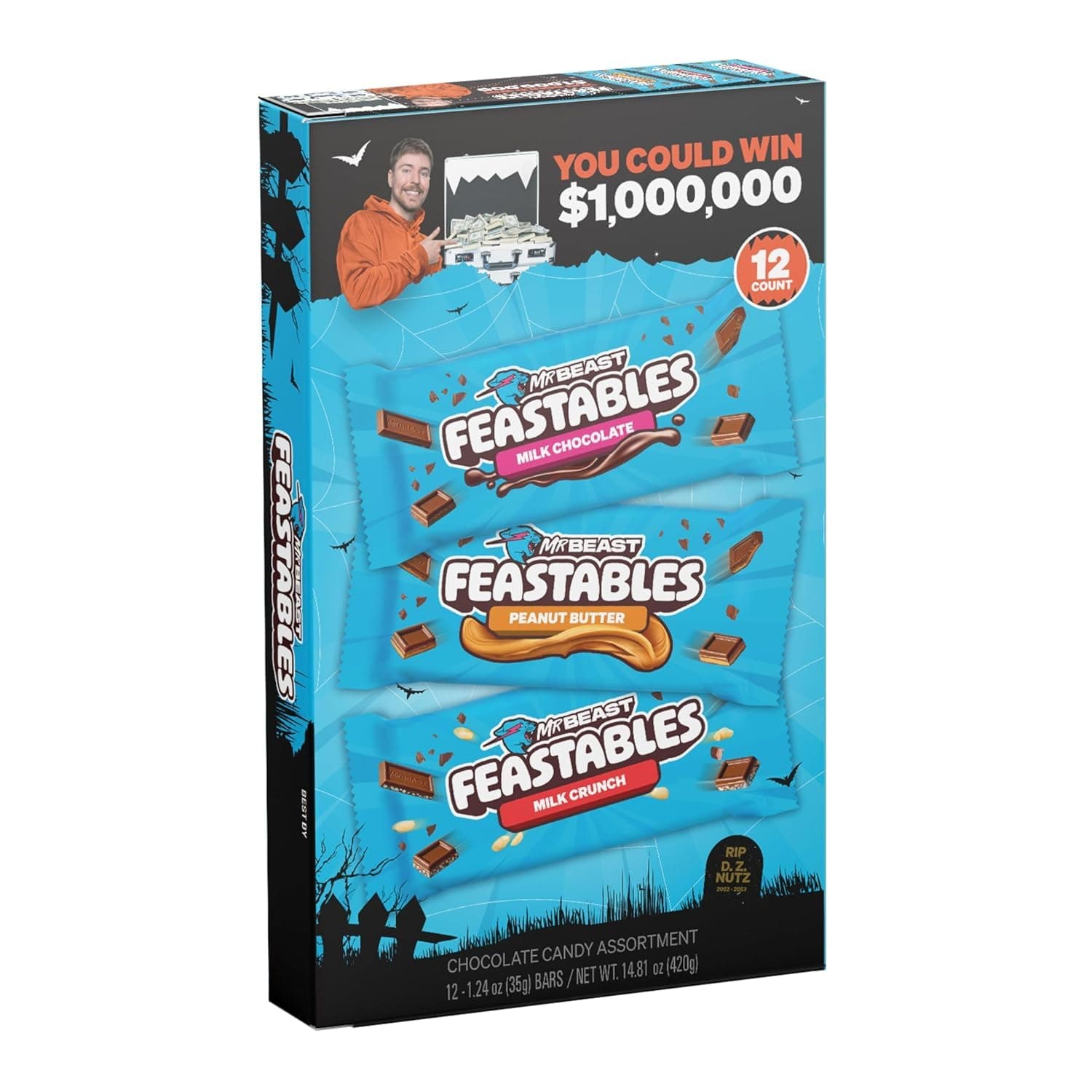 Feastables 12 Pack Assorted Candy Box for Halloween, Milk Chocolate, Crunchy and Peanut Butter - 35G Bars Individually Packed, 35G Assortment Deez N