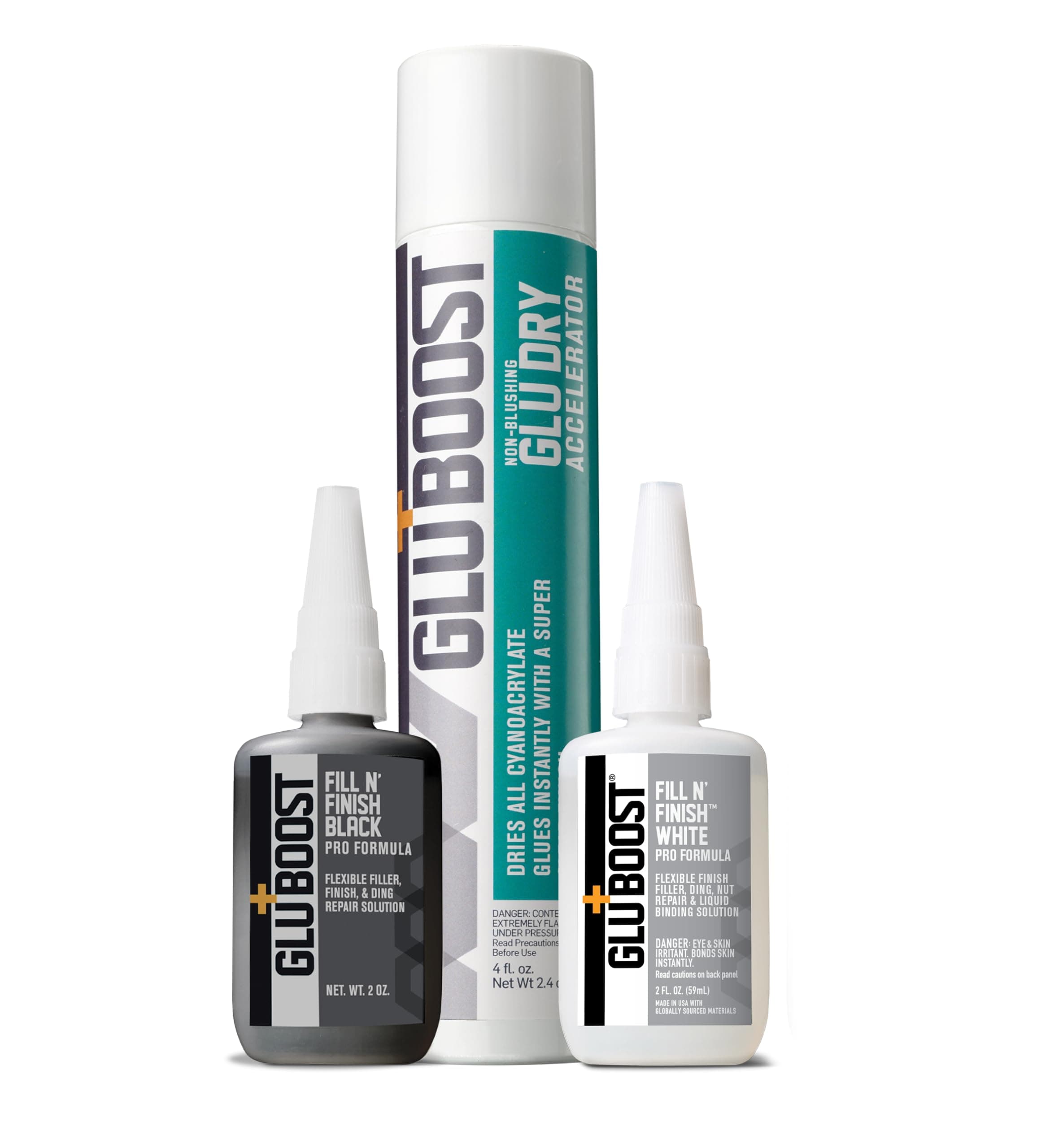 Bonus Combo Packs – GluDry Accelerator - Fill n’ Finish Pro Formula - Thin - Ultra Thin – White - Black - Lac R Shot (GluDry Acclerator + Fill n’ Finish White and Black)