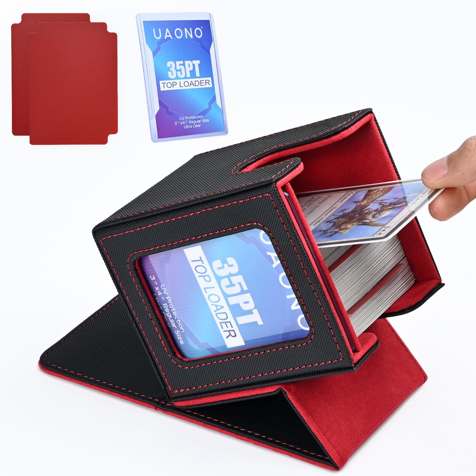 UAONO Card Deck Box with MTG Commander Display, Deck Case Holds 100+ Double-Sleeved Cards, Trading Card Storage Box Fits TCG/PTCG/Sports Card with 2 Dividers, 1 Top Loaders (Black, Red)
