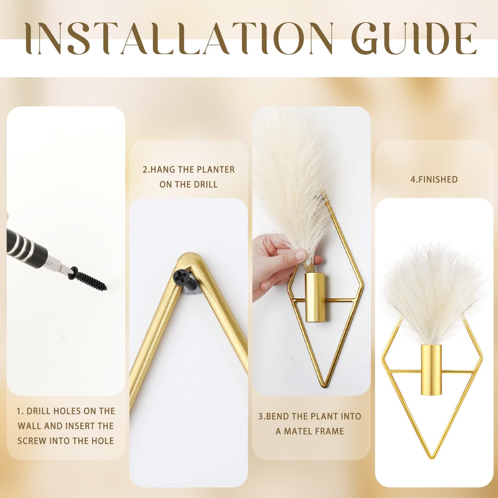 Peryiter 2 Pcs Boho Wall Decor Metal Gold Wall Art Hanging Planters with Artificial Pampas Modern Home Decor Display Art for Living Room Bedroom Bathroom(Rhombus)