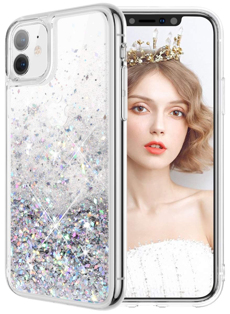 wlooo iPhone 11 Phone Case, iPhone 11 Glitter Case, Glitter Liquid Crystal Quicksand Slim Girls Women Soft TPU Bumper Silicone Protective Shockproof Case Cover for iPhone 11 (Silver)