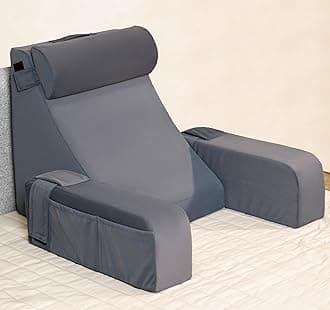 FOVERA Reading Pillow with Arm Support & Headrest | Backrest Pillow for Bed | High-Resilience Foam Bed Back Support Pillow for Reading, Working & Relaxing | Removable Velvet Cover (Grey)