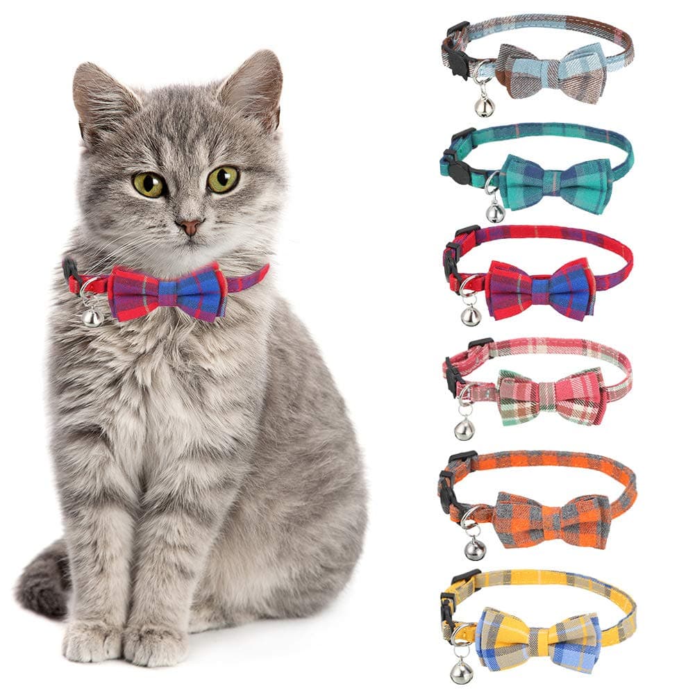 tonyg-p 6 Pack Cat Collars with Bow Tie and Bell Breakaway Cat Collars Quick Release Safety Kitty Collars Adjustable Pet Collars for Cats, Kitten, Small Pet, Plaid Patterns