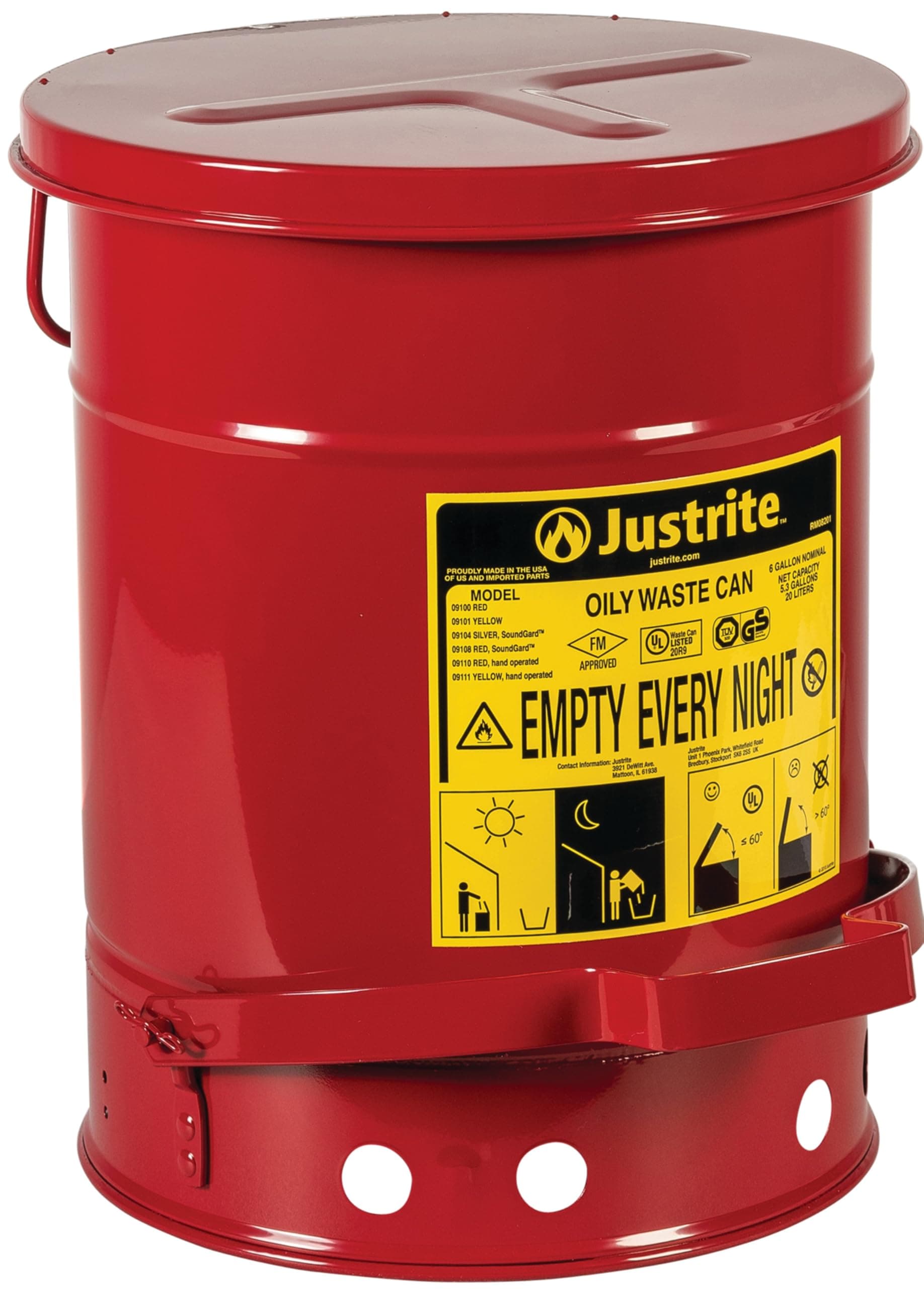 Justrite Just Rite 6 Gallon Oily Waste Can, Red
