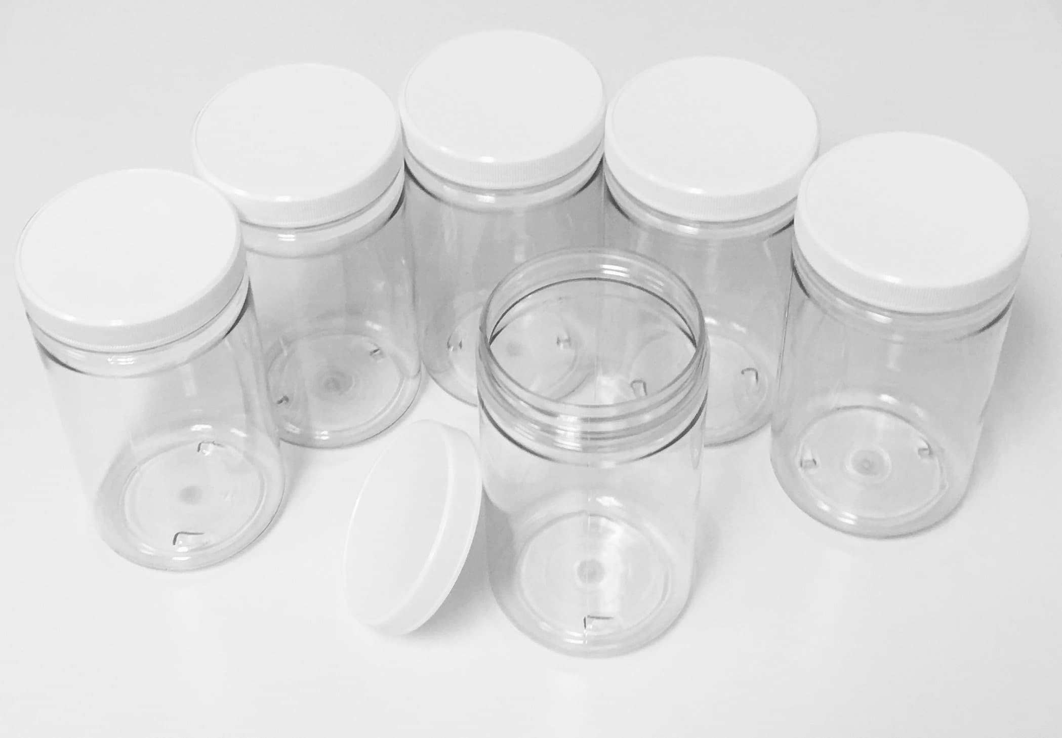 32 Oz Plastic Jars with lids, wide mouth, Bulk Pack of 6, Clear Round Jar & White Lid,-Made in USA