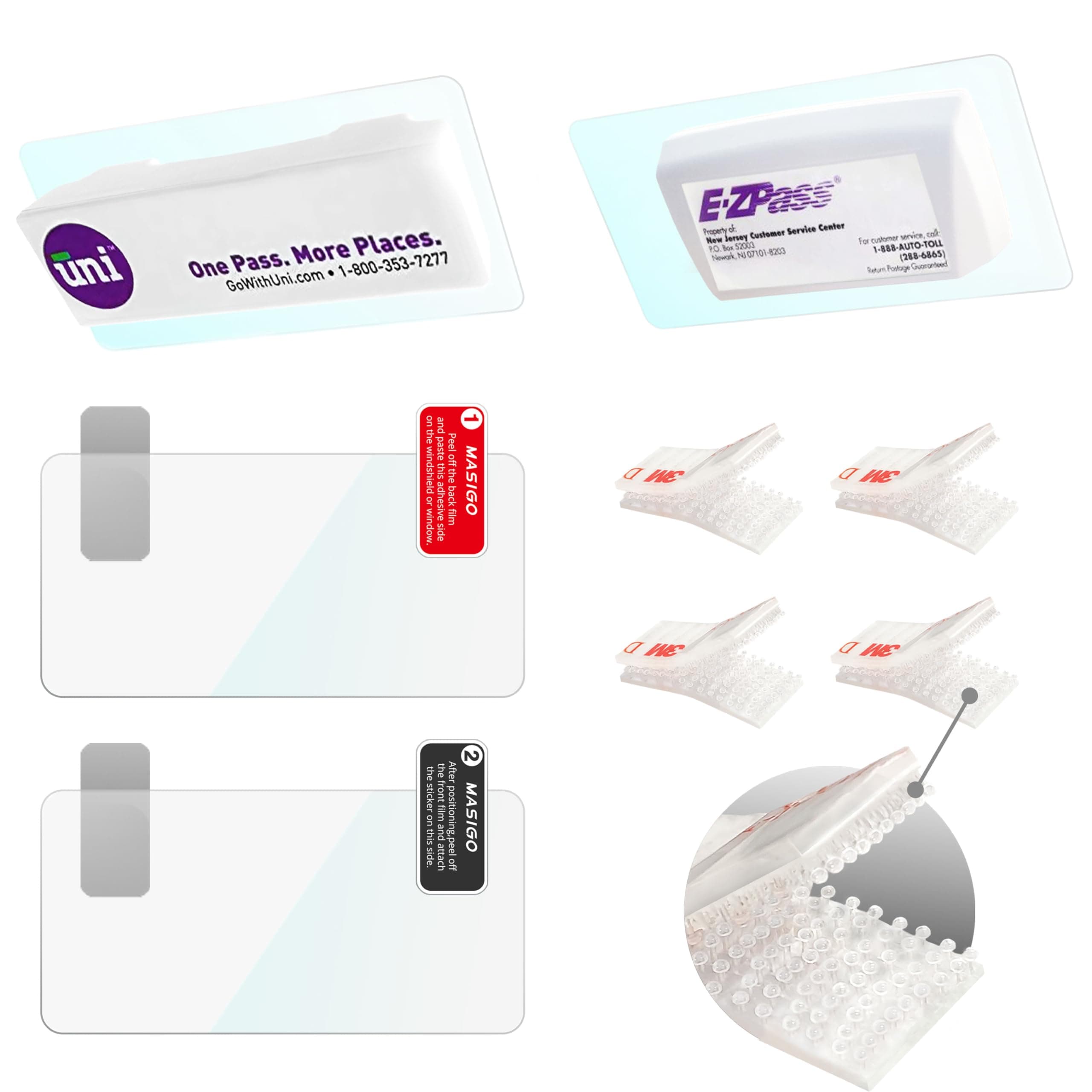 Universal Toll Pass Holder for EZ Pass, Uni Pass, SunPass - 8 Dual Lock Strips (4 Sets) & 2 Windshield Electrostatic Films - Easy Install & Swap Transponder Mount for Cars (Transparent)