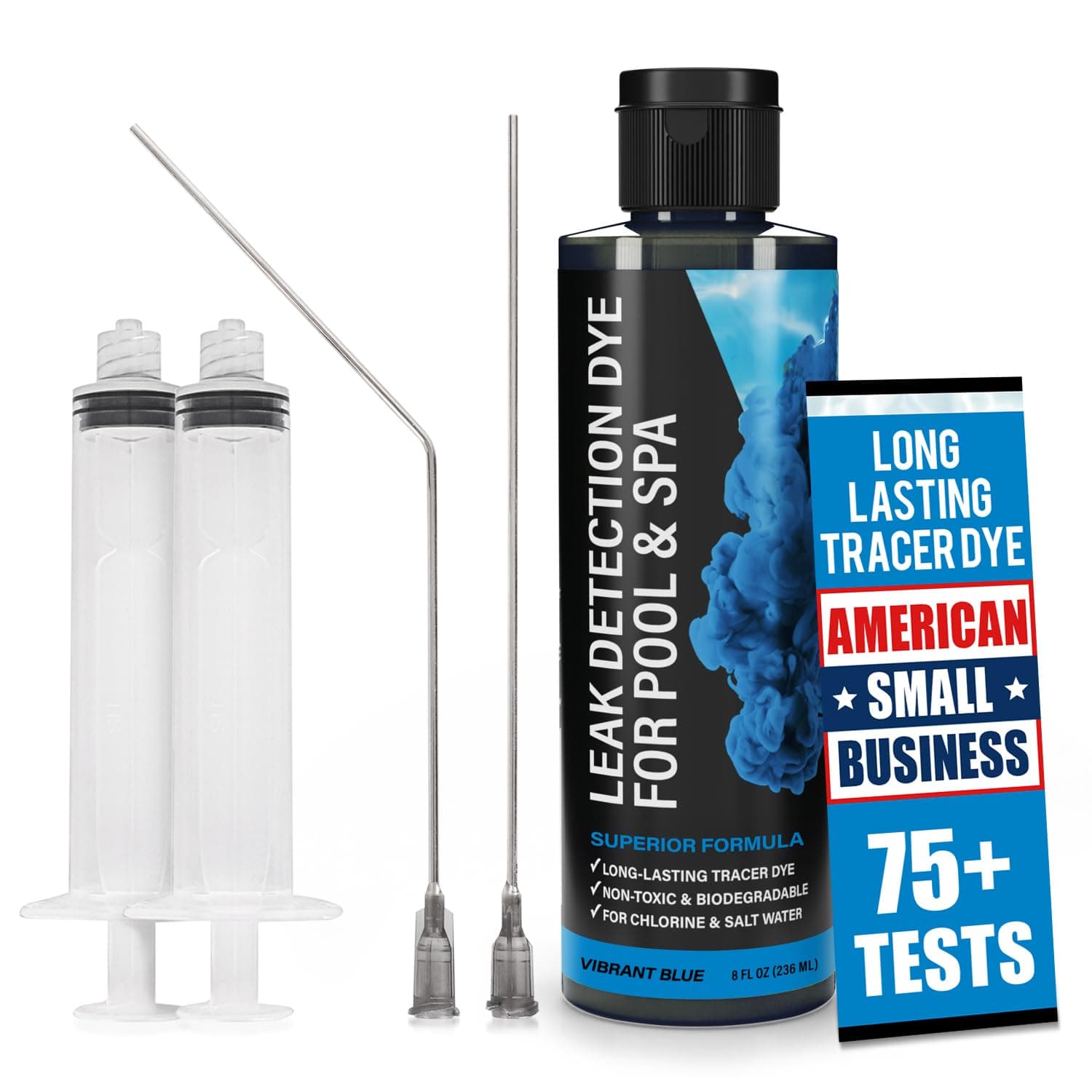 Pool Leak Detection Dye Kit - 75+ Tests - 2 Stainless Steel Precision Applicators - Superior Long Lasting Pool Dye Easily Locates Leaks - for All Pool, Spa, & Hot Tub Types - 8 OZ (Vibrant Blue)