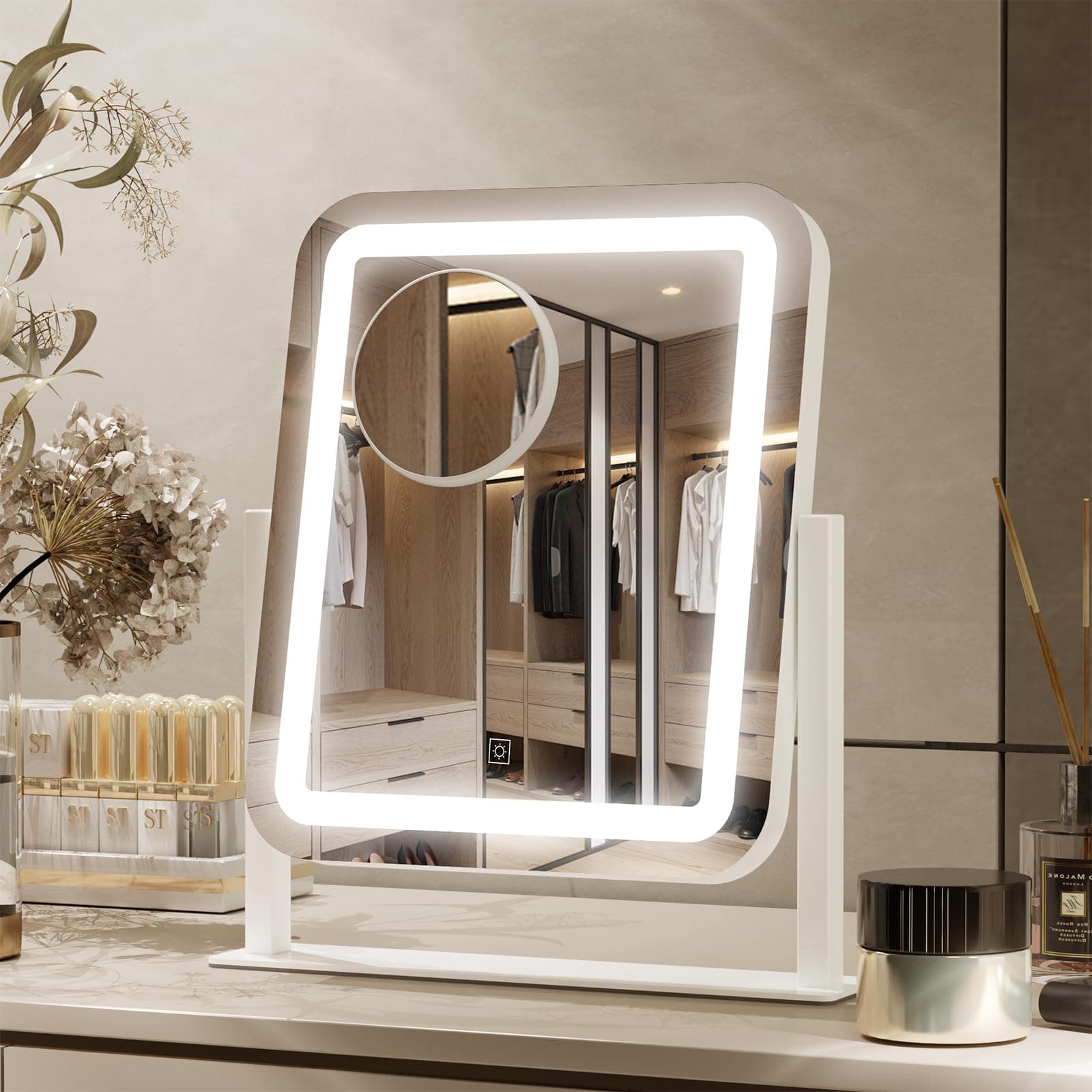 Vanity Mirror with Lights, 16"x14" Large LED Lighted Makeup Mirror, Hollywood Makeup Mirror, Touch Screen, 3-Color Lighting, 5X Magnification, for Vanity Desk Tabletop, Bedroom, White