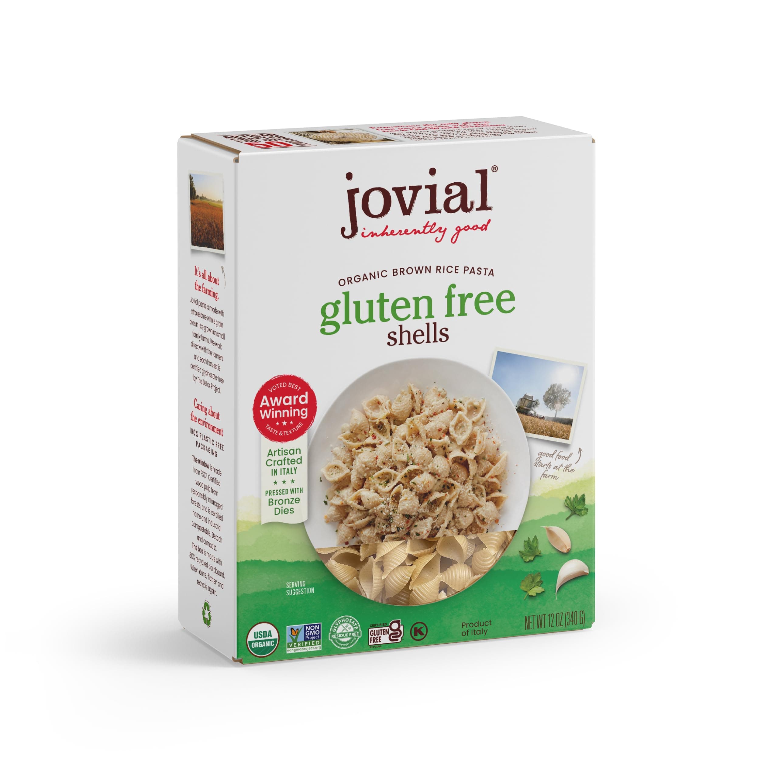 Jovial Whole Grain Brown Rice Shells Pasta - Pasta Shells, Shell Pasta, Whole Grain Pasta, Organic Pasta, Gluten Free, Dairy Free, Cooks Firm, Award Winning Taste, Made in Italy - 12 Oz